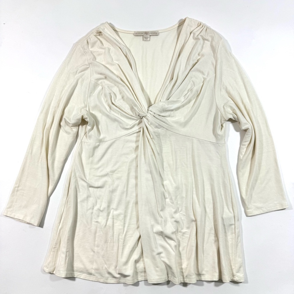 Boston Proper V Neck Knot Front Shirt Ivory Long Sleeve